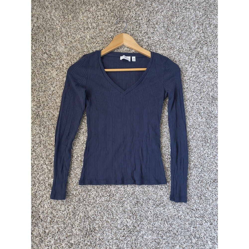 Cyrus Women's XS Navy Blue Ribbed V Neck Long Sleeve Stretch Shirt Top